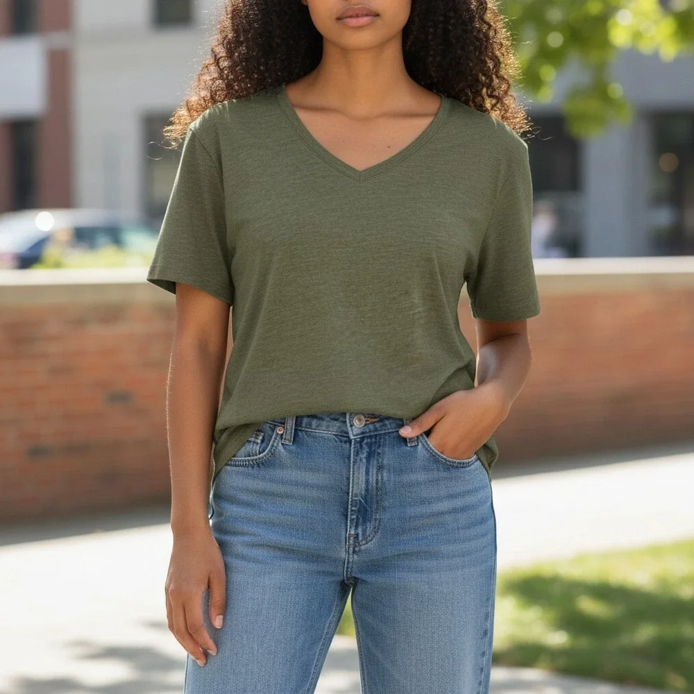 Eddie Bauer V-Neck Tee Women M Olive Green Heather Cotton Modal Short Sleeve